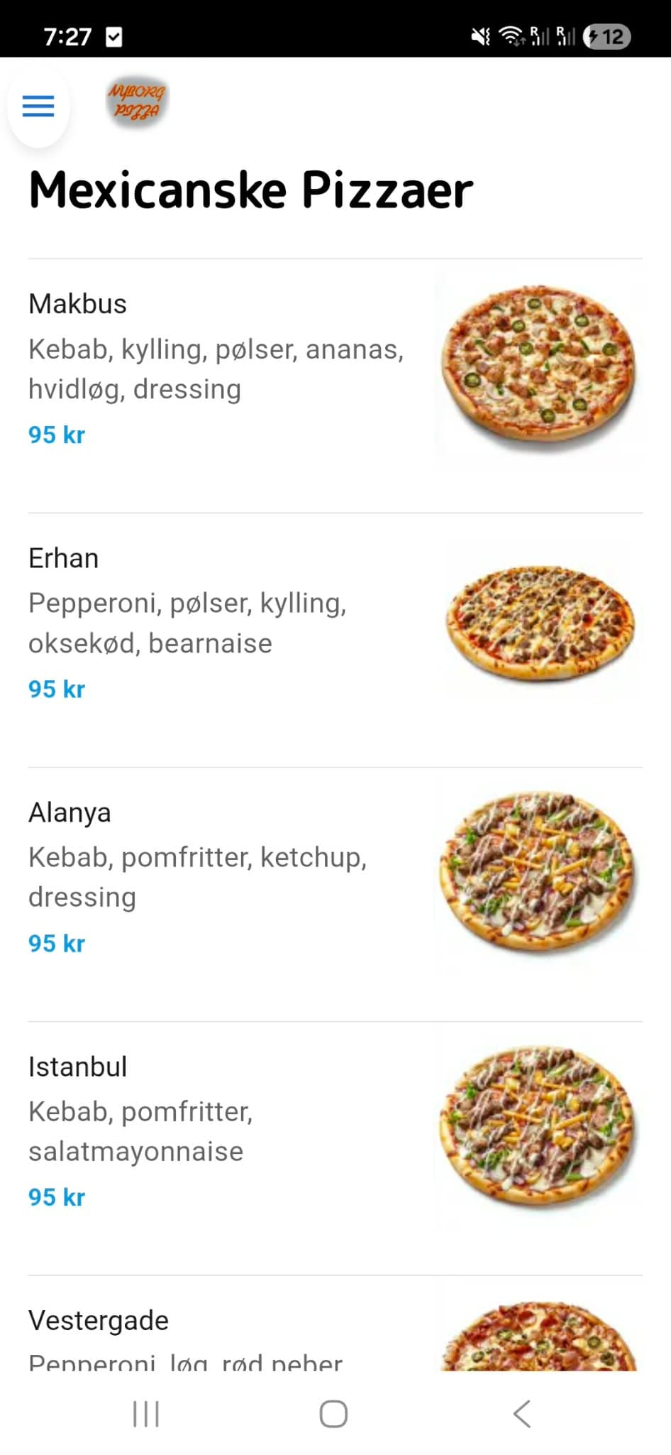A restaurant's live ordering page, showing its menu